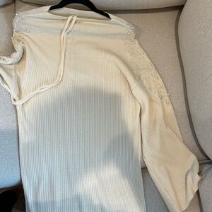 Cream Ribbed Sweater Dress with Pearl Details